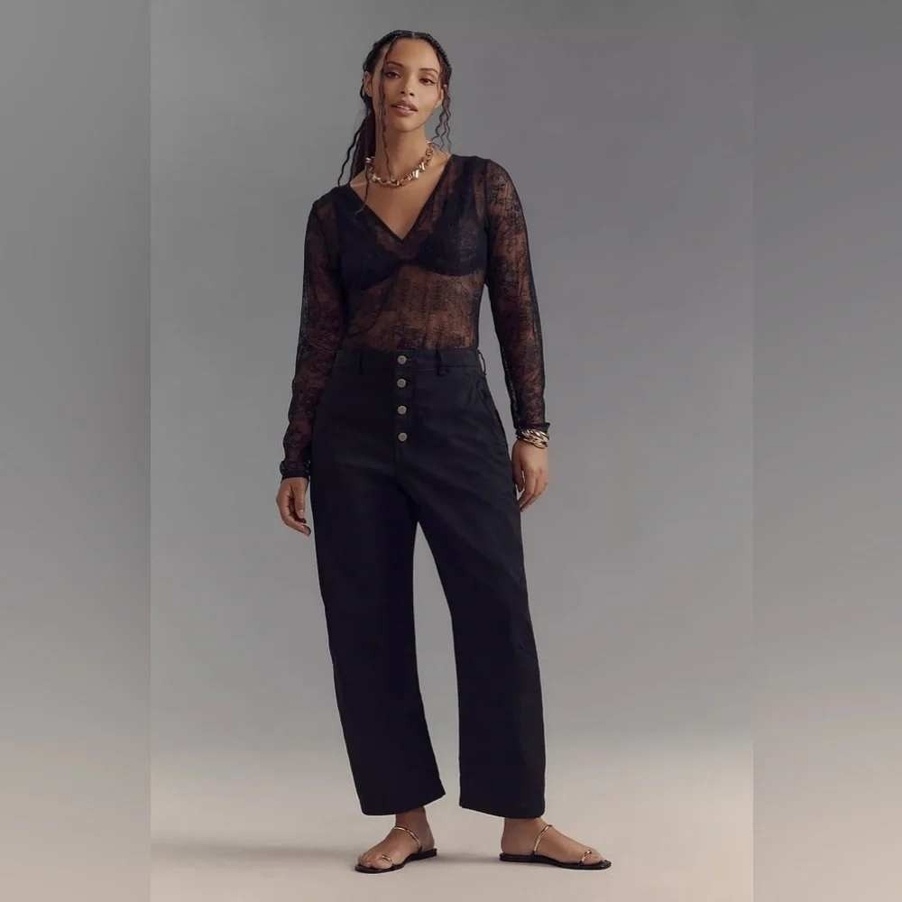 Anthropologie Pilcro The Arin Mid-Rise Button-Front Barrel Pants Black 26P